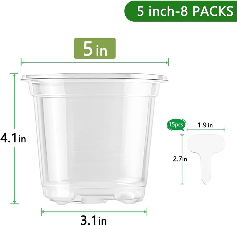 SupKing 5 Inch Clear Plant Nursery Pots Durable Plastic Seed Starter 8 Packs Large Orchid Flower Pot with Drainage Holes for Transplanting Succulents Cuttings Seedlings Bonus 15 Labels - Image 2